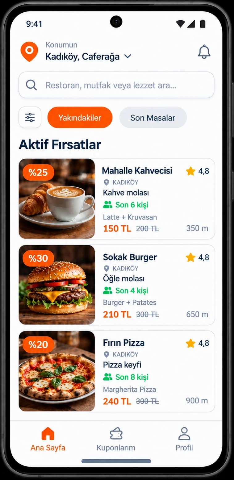 Boş Masa keşif mockup’ı: Yakındakiler ve Son Masalar sekmeleri, kampanya kartları, Kuponlarım ve Profil menüleri. İşletmeler ve kampanyalar örnektir.