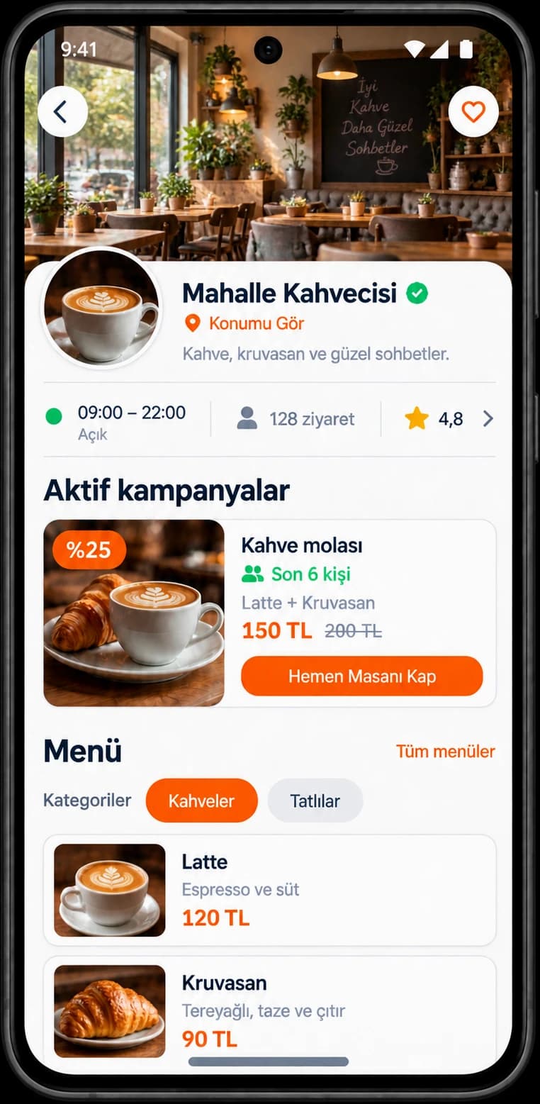 Boş Masa işletme profili mockup’ı: mekân fotoğrafları, çalışma saatleri, kampanya ve menü. İşletme, fiyatlar ve puanlar örnektir.