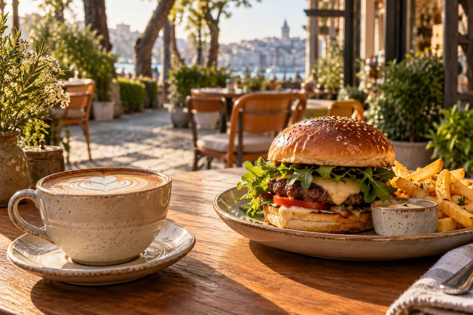 Güneşli bir kafede kahve, burger ve patates kızartmasıyla hazırlanmış bir masa